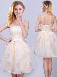 Strapless Sleeveless Quinceanera Court of Honor Dress Mini Length Lace and Ruffles and Belt Champagne Organza