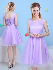 A-line Quinceanera Court Dresses Lavender Scoop Tulle Sleeveless Knee Length Lace Up