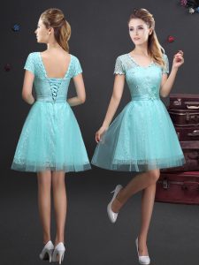 Comfortable Aqua Blue A-line Lace and Appliques and Belt Damas Dress Lace Up Tulle Short Sleeves Mini Length