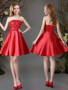 Deluxe Red Strapless Lace Up Appliques and Bowknot Quinceanera Court Dresses Sleeveless