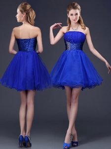 Extravagant Strapless Sleeveless Dama Dress Mini Length Beading and Ruching Royal Blue Organza