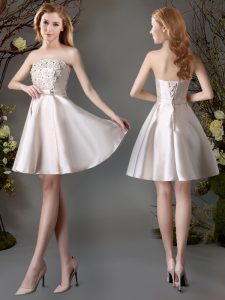 Champagne Satin Lace Up Quinceanera Court Dresses Sleeveless Mini Length Appliques and Bowknot