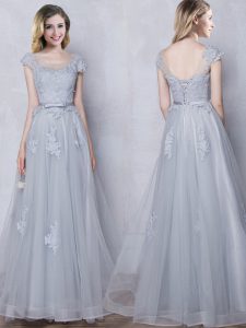 Scoop Grey Cap Sleeves Tulle Lace Up Quinceanera Court Dresses for Prom and Party and Wedding Party