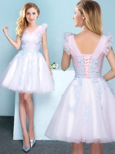 Affordable Mini Length Lace Up Dama Dress White for Prom and Party and Wedding Party with Appliques