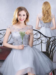 Scoop Grey Lace Up Vestidos de Damas Lace and Appliques and Belt Cap Sleeves Knee Length