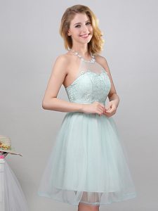 Stunning Halter Top Apple Green Sleeveless Tulle Lace Up Quinceanera Court of Honor Dress for Prom and Party and Wedding Party