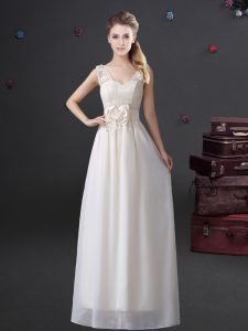 Dramatic Sleeveless Floor Length Lace and Appliques and Bowknot Zipper Damas Dress with White
