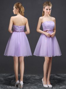 Modern Lavender Sleeveless Organza Lace Up Dama Dress for Prom and Party and Wedding Party