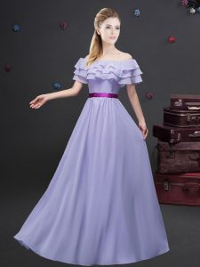 Lavender Off The Shoulder Zipper Ruffled Layers and Belt Dama Dress for Quinceanera Short Sleeves