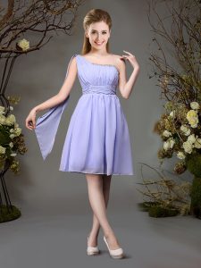 Best Lavender Chiffon Zipper One Shoulder Sleeveless Mini Length Quinceanera Dama Dress Beading and Ruching