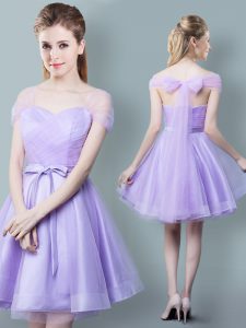 Colorful Straps Knee Length Lavender Quinceanera Court Dresses Tulle Cap Sleeves Ruching and Bowknot