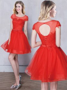 Wonderful Scoop Short Sleeves Tulle Mini Length Lace Up Damas Dress in Red with Appliques and Belt