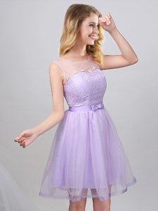 Lavender A-line Scoop Sleeveless Tulle Mini Length Lace Up Lace and Appliques and Belt Damas Dress