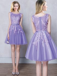 Cute Scoop Mini Length Zipper Quinceanera Dama Dress Lavender for Prom and Party and Wedding Party with Appliques and Belt