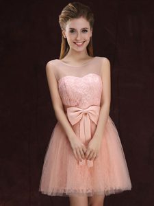 Charming Scoop Sleeveless Tulle and Lace Mini Length Lace Up Dama Dress in Peach with Lace and Bowknot