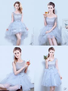 Ruffled Scoop Sleeveless Lace Up Court Dresses for Sweet 16 Grey Organza