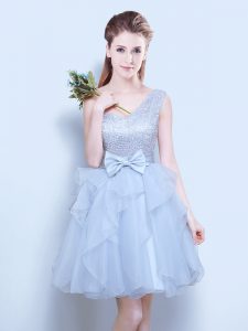 Traditional Grey Lace Up One Shoulder Lace and Ruffles and Bowknot Quinceanera Court of Honor Dress Organza Sleeveless