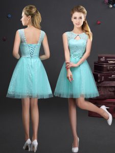 Tulle Scoop Sleeveless Lace Up Lace and Appliques and Belt Dama Dress in Aqua Blue