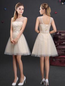 Attractive Champagne A-line Scoop Sleeveless Tulle Mini Length Lace Up Beading and Lace and Appliques and Belt Dama Dress for Quinceanera