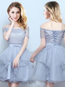 Grey Quinceanera Court Dresses Prom and Party and Wedding Party and For with Lace and Ruffles and Belt Off The Shoulder Short Sleeves Lace Up
