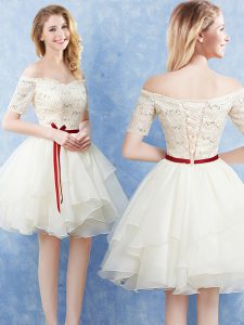 Eye-catching Off the Shoulder Champagne A-line Lace and Ruffles and Belt Dama Dress Lace Up Organza Short Sleeves Mini Length