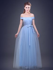 Unique Light Blue Court Dresses for Sweet 16 Prom and Party and Wedding Party and For with Ruching and Bowknot Off The Shoulder Sleeveless Lace Up