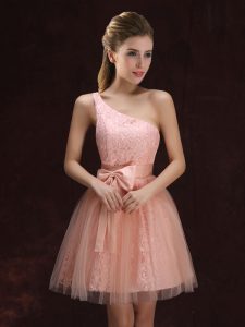 Delicate Peach Tulle and Lace Lace Up One Shoulder Sleeveless Mini Length Court Dresses for Sweet 16 Lace and Bowknot