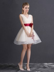 A-line Court Dresses for Sweet 16 Champagne V-neck Organza Sleeveless Mini Length Lace Up