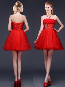 Strapless Sleeveless Lace Up Vestidos de Damas Red Organza