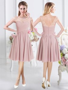 Scoop Pink Chiffon Zipper Court Dresses for Sweet 16 Cap Sleeves Knee Length Lace and Ruching