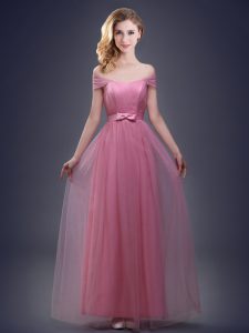 Off the Shoulder Sleeveless Floor Length Ruching and Bowknot Lace Up Dama Dress with Pink