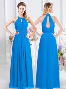 Perfect Halter Top Sleeveless Chiffon Floor Length Zipper Dama Dress for Quinceanera in Baby Blue with Ruching