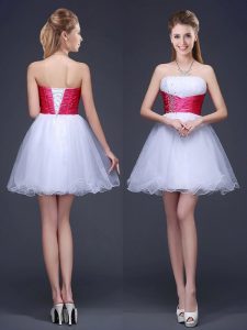 High Quality Sleeveless Mini Length Beading and Ruching and Belt Lace Up Court Dresses for Sweet 16 with White
