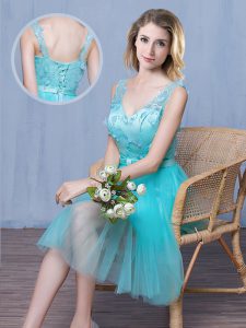 Fashionable Aqua Blue Sleeveless Knee Length Lace and Appliques and Bowknot Lace Up Quinceanera Court Dresses