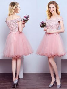 Flirting Off the Shoulder Sleeveless Tulle Mini Length Lace Up Court Dresses for Sweet 16 in Pink with Beading and Lace
