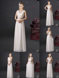 Shining Sleeveless Floor Length Lace and Appliques and Belt Lace Up Dama Dress with White