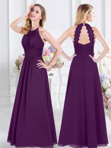 Purple Chiffon Zipper Halter Top Sleeveless Floor Length Dama Dress for Quinceanera Ruching
