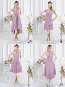 Most Popular Halter Top Ruching Quinceanera Court of Honor Dress Lavender Zipper Sleeveless High Low
