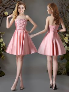 Nice Strapless Sleeveless Lace Up Damas Dress Pink Satin