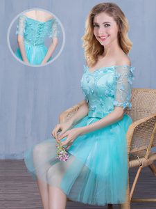 Amazing Off the Shoulder Aqua Blue Short Sleeves Tulle Lace Up Dama Dress for Quinceanera for Prom and Party and Wedding Party