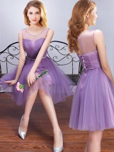 Popular Scoop Sleeveless Mini Length Beading and Ruching and Belt Lace Up Dama Dress with Lavender