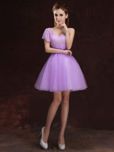 Sumptuous One Shoulder Mini Length Lilac Court Dresses for Sweet 16 Tulle Sleeveless Lace and Ruching