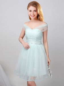 Off the Shoulder Short Sleeves Lace Up Mini Length Lace and Appliques and Belt Dama Dress for Quinceanera