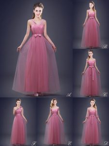 Graceful Tulle V-neck Sleeveless Lace Up Beading and Appliques and Ruching and Bowknot and Hand Made Flower Dama Dress for Quinceanera in Pink