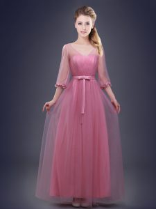 Pink V-neck Lace Up Ruching and Bowknot Court Dresses for Sweet 16 Half Sleeves