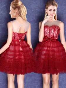 Scoop Sleeveless Mini Length Lace and Bowknot Lace Up Dama Dress for Quinceanera with Wine Red