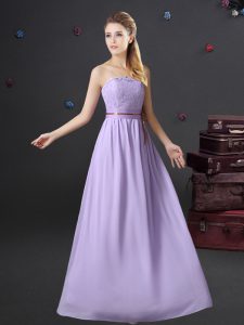 Lavender Dama Dress for Quinceanera Prom and Party and Wedding Party and For with Lace and Belt Strapless Sleeveless Lace Up
