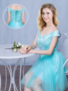 Tulle Off The Shoulder Cap Sleeves Lace Up Lace and Appliques and Bowknot Quinceanera Dama Dress in Aqua Blue