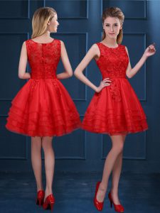 Sweet Scoop Mini Length Zipper Dama Dress Red for Prom and Party and Wedding Party with Lace and Ruffled Layers