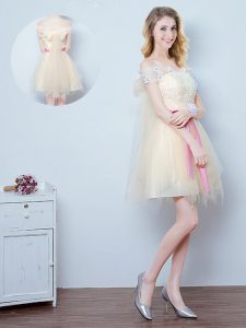 Vintage Champagne Lace Up Off The Shoulder Lace and Appliques and Ruffles and Bowknot Vestidos de Damas Tulle Short Sleeves
